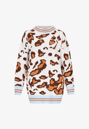 Knit sweater with a white base featuring a brown and orange leopard print, and blue and orange striped ribbed neck and cuffs.
