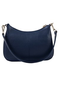 Borsa a mano in pelle blu navy con forma arrotondata, superficie testurizzata e dettagli in oro. Presenta una sola tracolla regolabile per il trasporto.