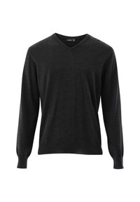 V-Ausschnitt-Pullover in Dunkelgrau, aus weichem Material gefertigt. Mit langen Ärmeln und gerippten Bündchen sowie einem bequemen Schnitt. Keine sichtbaren Muster oder Akzente.