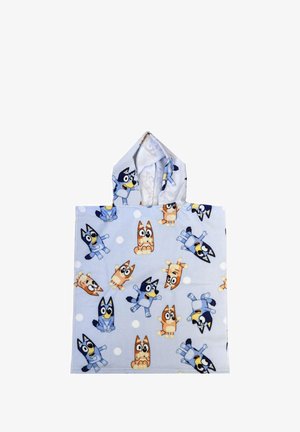 Blaues Fleece-Poncho mit Kapuze, das ein verspieltes Muster von animierten Hundekarakteren auf einem hellen Hintergrund mit weißen Punkten zeigt.