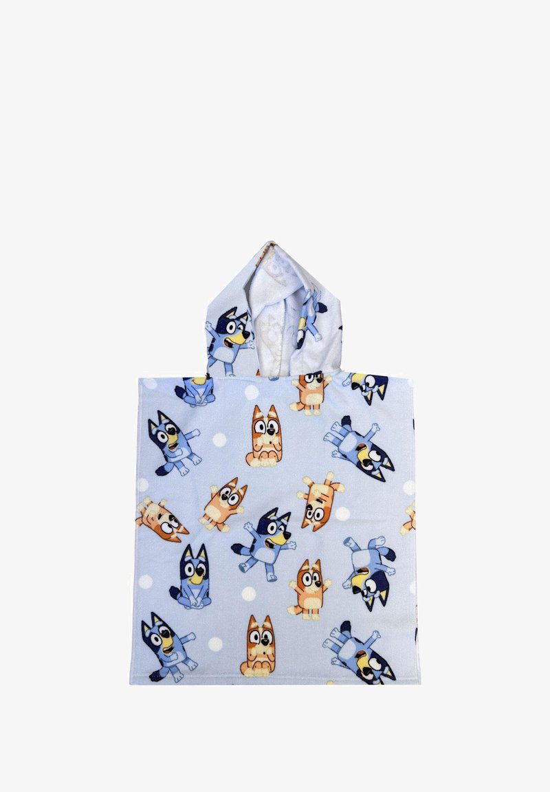 Poncho blu in pile con cappuccio, caratterizzato da un motivo giocoso con personaggi di cani animati su uno sfondo chiaro con pois bianchi.