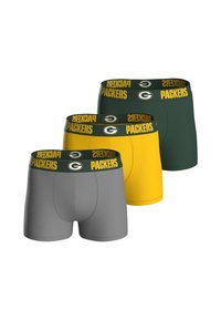 Bóxer en gris, verde y amarillo, con una cinturilla con marca "PACKERS" y un logo. Tejido suave y diseño ajustado.