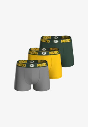 Boxer briefs in gray, green, and yellow, featuring a branded "PACKERS" waistband with a logo. Smooth fabric and fitted design.