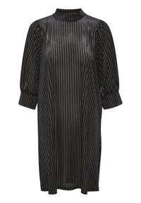 Svart klänning med vertikala ränder, hög krage och trekvarts puffärmar. Tillverkad av glänsande, texturerad tyg med en lös passform.