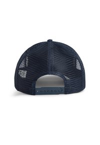 Marineblaue Mesh-Snapback-Cap mit gebogenem Schirm, verstellbarem Plastikband und markantem Logo auf der Rückseite. Atmungsaktives Design.