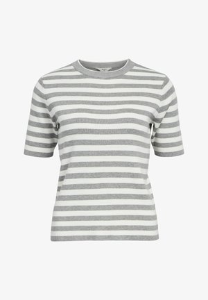 Striped t-shirt featuring grey and white horizontal stripes, short sleeves, a ribbed round neckline, and soft cotton material.
