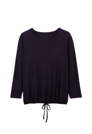 Haut long à manches violettes foncées avec texture côtelée, encolure arrondie et ourlet à cordon de serrage pour un ajustement réglable.
