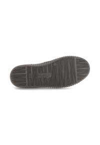 Zwarte rubberen schuinschoen met ribbeltextuur en verticale groeven. Bevat een logo "Gabor" ingeperst aan de zijkant.
