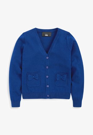 Cardigan en maille bleue à manches longues, fermé par des boutons, avec deux poches avant ornées chacune d'un nœud, et un col en V.