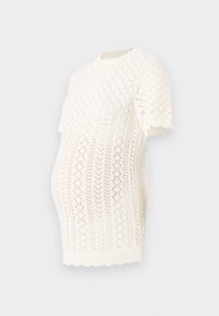 Maglietta premaman a maglia bianca con maniche corte, colletto a coste e motivi geometrici a trame aperte per traspirabilità e comfort.