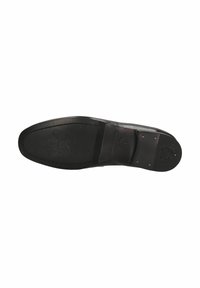 Sole di scarpa in pelle nera con una finitura liscia, forma arrotondata, logo impresso e cuciture a contrasto. Presenta un tacco leggero e bordi strutturati.