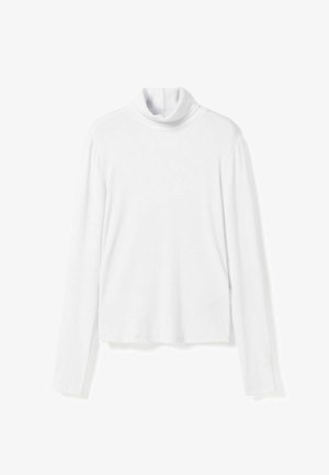 Witte top met lange mouwen en een col, met een rechte zoom en een losse pasvorm, getoond op een effen witte achtergrond.