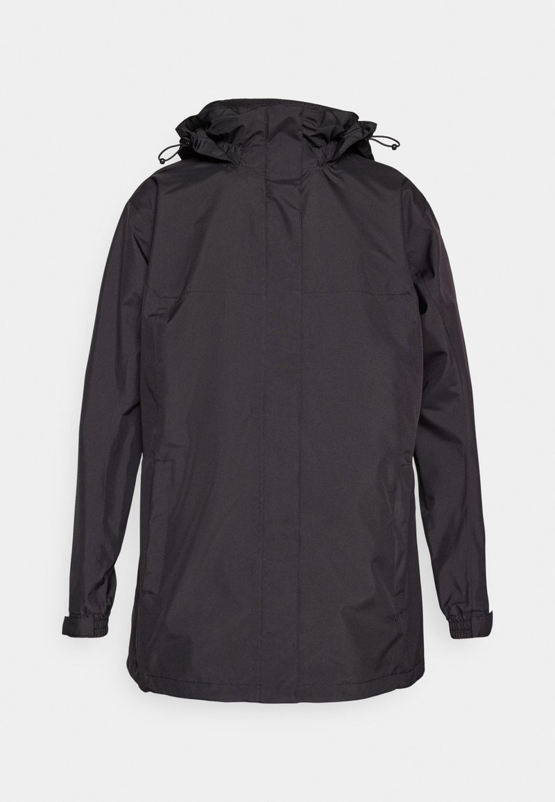 Veste noire imperméable avec capuche, équipée de poignets élastiques et de deux poches latérales. Texture lisse et design simple et fonctionnel.
