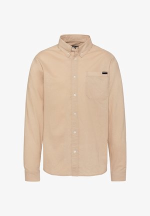 Beige long-sleeve button-up shirt with a buttoned collar and chest pocket featuring a small black brand label.