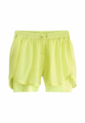 Light green athletic shorts with elastic waistband and adjustable drawstring, featuring a double-layer design with an inner compression layer.