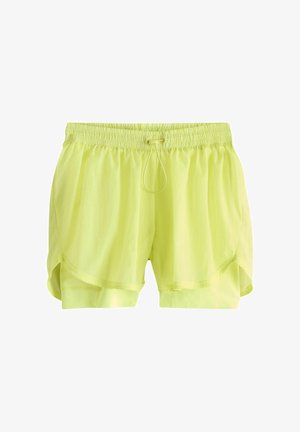 Pantaloni scurți sport de culoare verde deschis cu talie elastică și șnur ajustabil, având un design cu dublu strat și un strat interior de compresie.