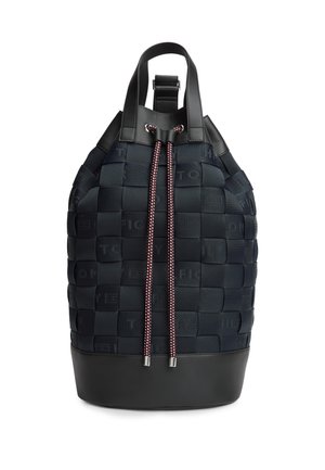 Sac seau en tissu tissé noir avec base et poignées en cuir, doté d'une fermeture à cordon rouge et blanche.