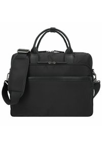 Bolsa para laptop de nylon negro y cuero con dos asas superiores, correa de hombro ajustable, compartimento principal con cremallera y bolsillo frontal exterior.