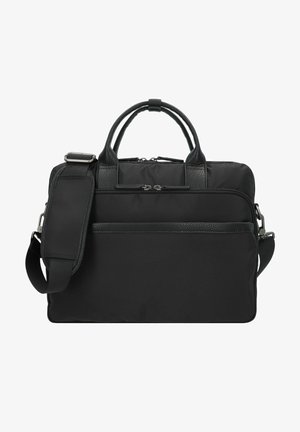 Black nylon and leather laptop bag with dual top handles, adjustable shoulder strap, zippered main compartment, and exterior front pocket.