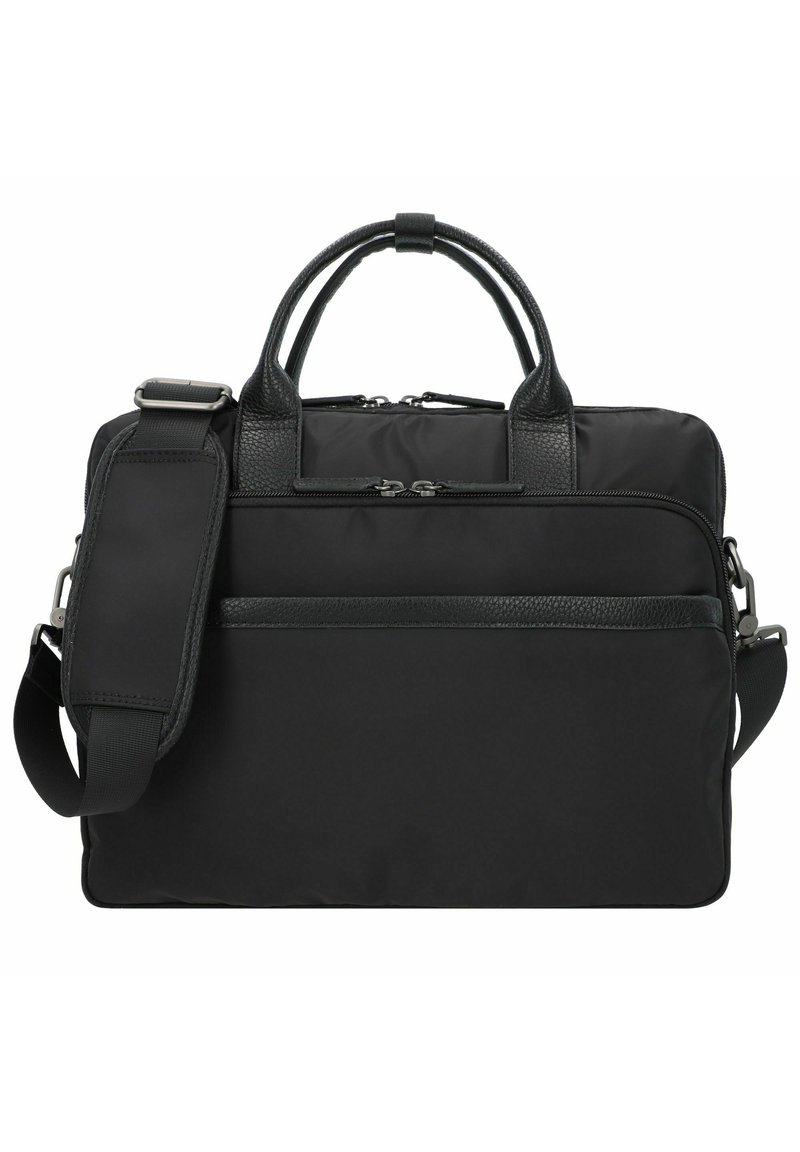 Bolsa para laptop de nylon negro y cuero con dos asas superiores, correa de hombro ajustable, compartimento principal con cremallera y bolsillo frontal exterior.
