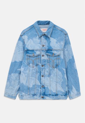 Light blue denim jacket with button closure, two front flap pockets, and cloud-like white patterns throughout the fabric.