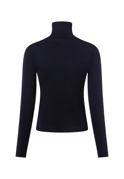Pull en laine noir à manches longues avec un design ajusté, présenté de dos sur un fond blanc uni.
