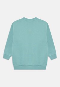 Svetlo modra majica s crewneck ovratnikom in dolgimi rokavi, z ribanim manšetami in robom, prikazana s hrbtne strani na belem ozadju.