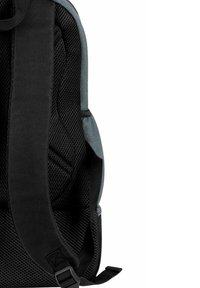 Sac à dos avec un corps en tissu gris, un rembourrage en maille noire, des poignées noires réglables et une poche latérale pour le rangement.