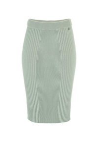 Jupe crayon en tricot vert clair, présentant une texture côtelée, une taille élastique et des détails de coutures verticales pour un design supplémentaire.