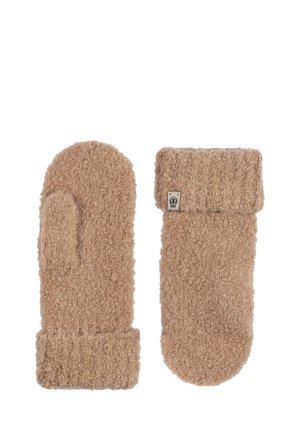 Pair of beige knitted mittens with a fluffy texture, one showing palm side, the other folded at the cuff with a small fabric tag.