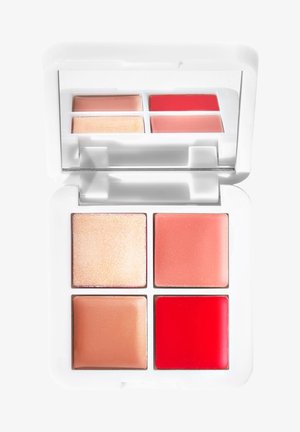 Compact makeup palette with four squares: light beige shimmer, nude, coral, and bright red cream. White casing with a mirror inside.
