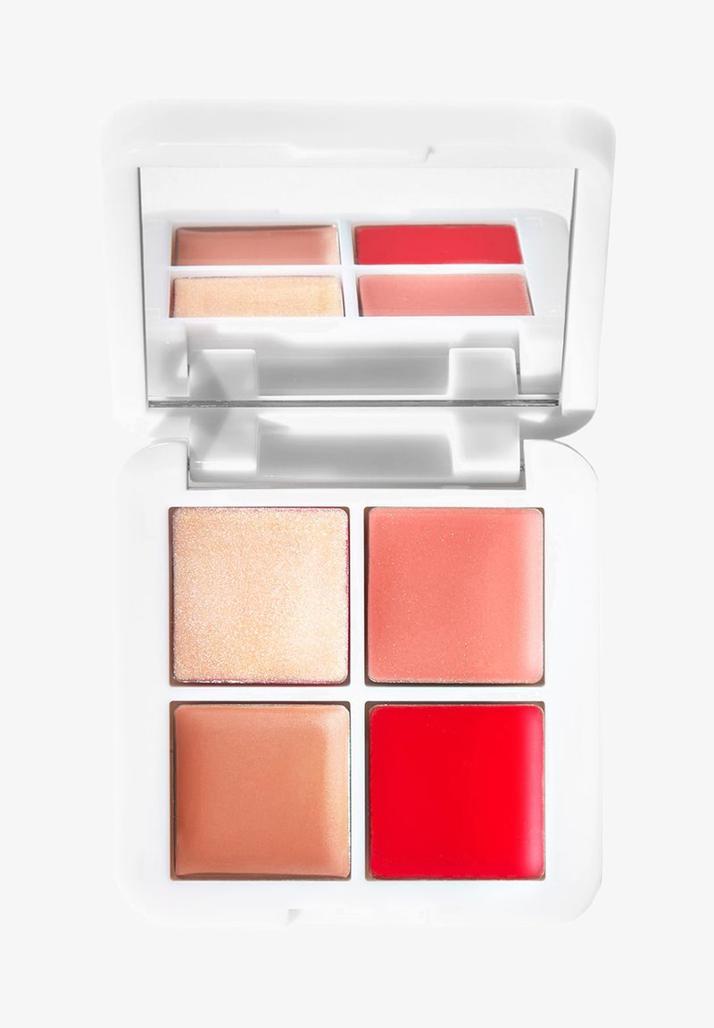Compact make-uppalet met vier vakjes: lichte beige shimmer, nude, koraal en felrode crème. Witte behuizing met een spiegel aan de binnenkant.