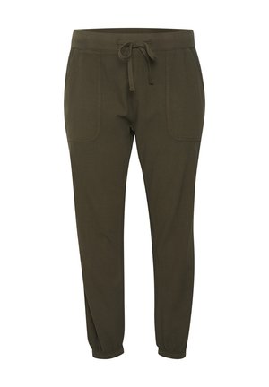 Joggingové nohavice olivovej farby s nastaviteľným pásom na šnúrku, predné nášivkové vrecká a elastické manžety.