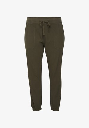 Joggingbukser i olivengrøn med snøre i taljen, forlommer med lapper og elastiske manchetter.