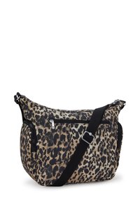 Borsa a spalla con stampa leopardata realizzata in tessuto. Dotata di una tracolla nera regolabile, due tasche con cerniera e una forma arrotondata.