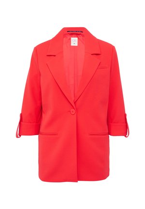 Red blazer with a notched collar, single button closure, three-quarter sleeves, and front pockets. Smooth fabric with tailored structure.