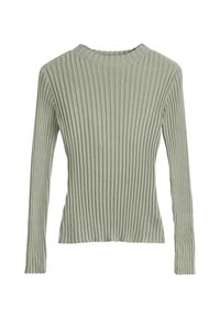 Rippstrick-Pullover mit langen Ärmeln in Hellgrün, rundem Ausschnitt und figurbetonter Form. Der Stoff ist weich und dehnbar. Der Saum ist leicht ausgefranst.