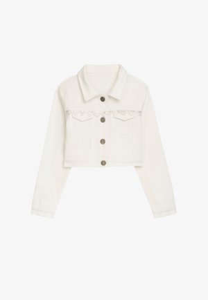 White cropped denim jacket featuring a collared neck, silver lace trim, and metallic buttons. Includes two front chest pockets.