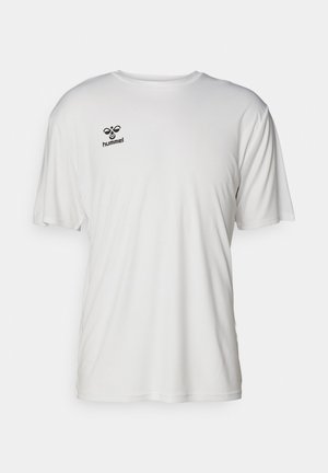 White short-sleeve t-shirt made of smooth fabric. Features a black "hummel" logo on the upper left chest area. Standard crew neck design.