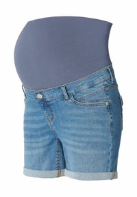 Těhotenské džíny šortky se světle modrým umytím, ohrnutými lemy, pěti kapsami a pružným tmavě modrým panelem v oblasti břicha pro pohodlí.