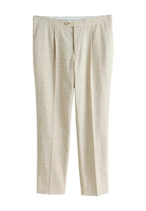 Beige maßgeschneiderte Hose mit dezentem Karo-Muster, Falten, Seitentaschen und Einzelknopfverschluss an der Taille.