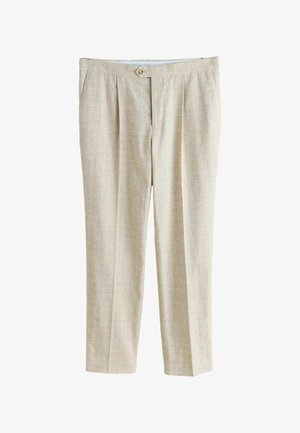 Pantalon beige sur mesure avec motif à carreaux subtil, plis, poches latérales et fermeture à bouton unique à la taille.