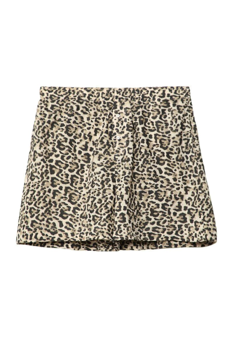 Leopardenmuster-Shorts mit beigem Grund, schwarzen Flecken, plissierter Gestaltung und vorderem Knopfverschluss. Weicher Stoff mit lässigem Schnitt.