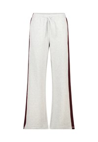 Graue Sweatpants mit weitem Bein, ausgestattet mit bordeauxroten Seitenstreifen. Hergestellt aus weichem Material mit einem elastischen Bund und Kordelzug.