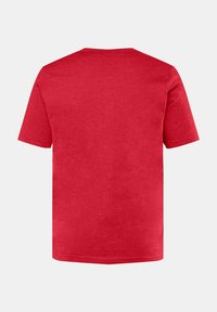 Röd t-shirt med kort ärm och rund halsringning, tillverkad av mjukt tyg. Enkelt design, inga tryck eller mönster, jämn nederkant.