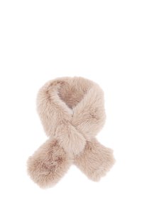 Sciarpa in faux fur beige morbido incrociata davanti, che mette in evidenza la sua texture zottata e il suo stile di accessorio invernale caldo su uno sfondo bianco.
