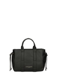 Borsa a mano in pelle nera con texture, manici superiori doppi, dettaglio del logo dorato e tracolla removibile. Presenta una forma rettangolare e un design minimalista.
