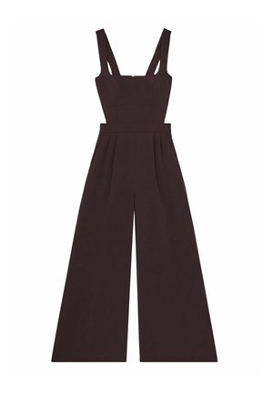 Sort jumpsuit med vid ben-design, struktureret bodice og tykke stropper. Har plisseringer ved taljen for ekstra tekstur og form.