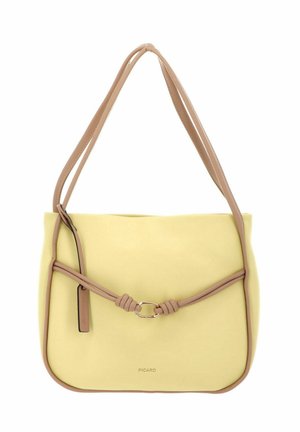 Sac à épaule jaune doux avec bordure beige, détail de sangle nouée et petite boucle dorée, marqué "Picard" en bas au centre.