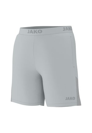 Lys grå atletikshorts med elastisk taljebånd, sidepaneler i mesh og "JAKO"-logo på taljebånd og ben.